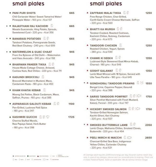 Menu of Saffron JW Marriott, Juhu, Mumbai