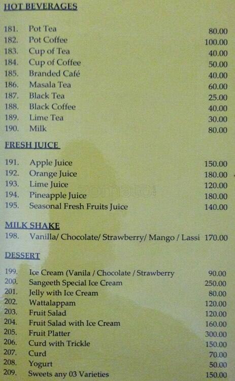 Sangeeth Restaurant menu