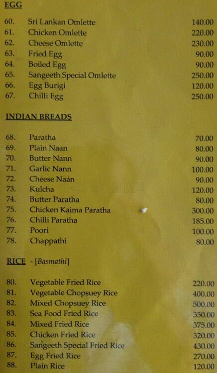 Sangeeth Restaurant menu