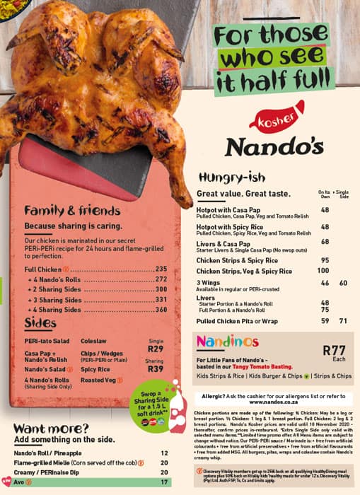 Menu at Nando's restaurant, Bluff, Pick 'n Pay Centre