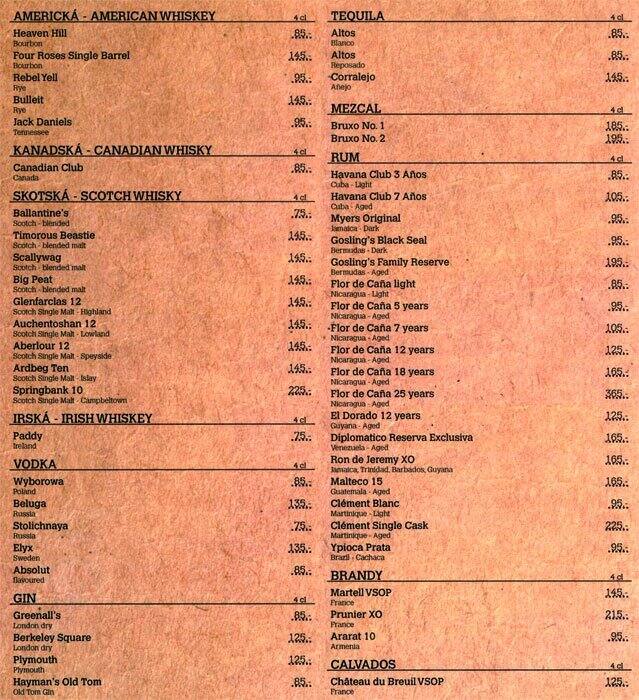Menu at Cash Only bar, Prague