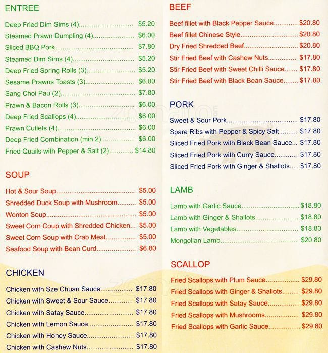 Ming Palace menu, Menu restauracji Ming Palace, Broadbeach, Gold Coast