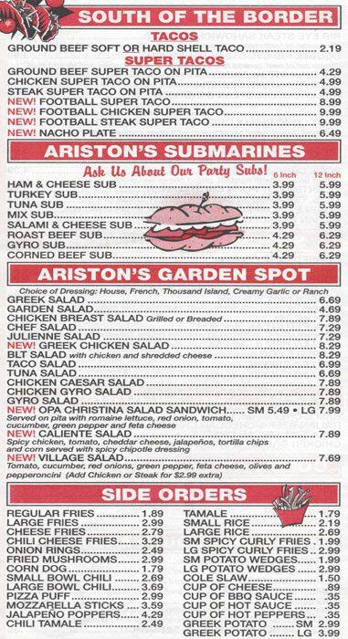 Menu at Ariston fast food, Bellwood, 919 Mannheim Rd