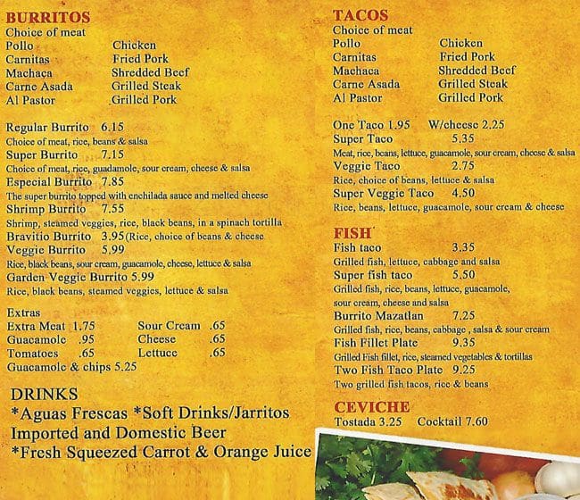 Menu at Bravo Taqueria restaurant, Redwood City