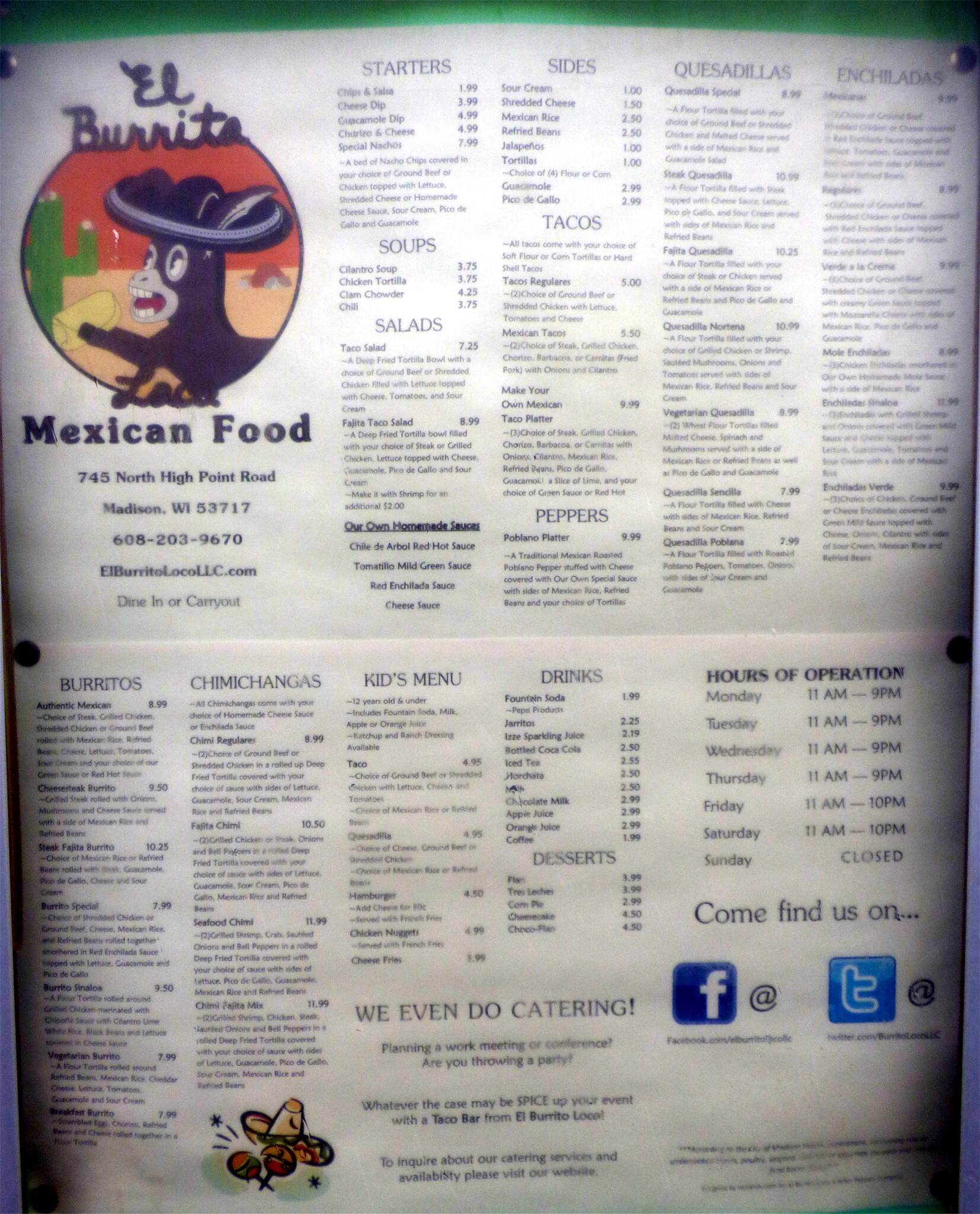El Burrito Loco Menu, Menu podniku El Burrito Loco, West Side, Madison