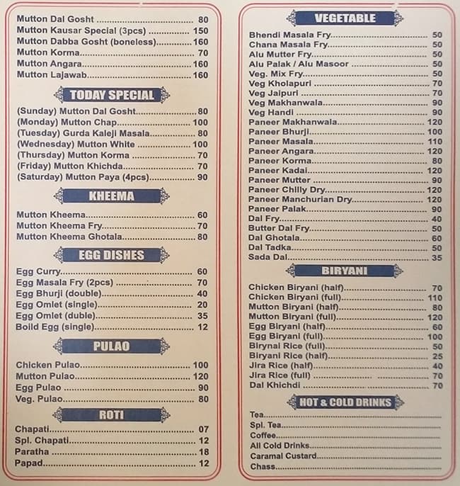 Cafe Kausar - Jogeshwari West menu