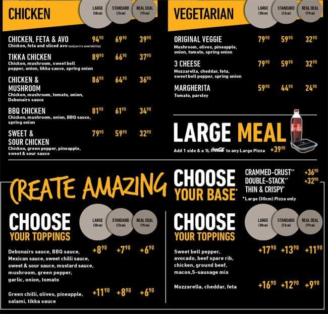 Menu Au Debonairs Pizza Fast Food, Randburg, Oak Avenue