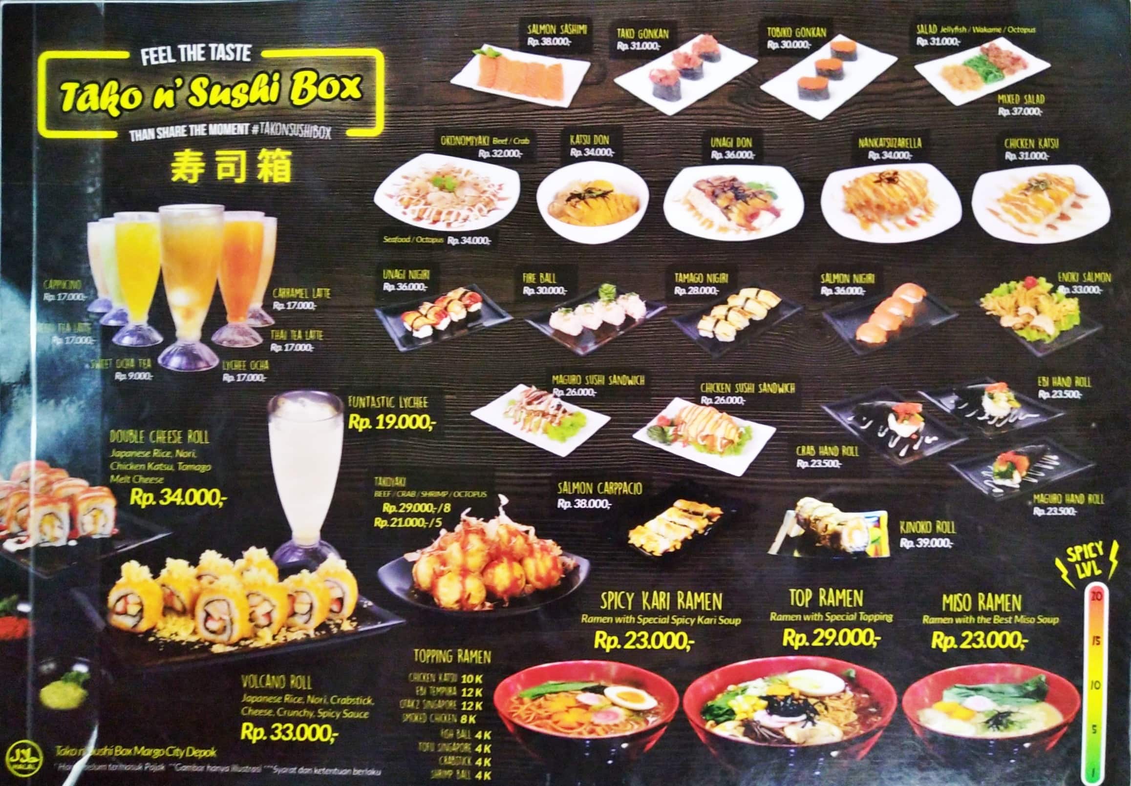 Menu at Tako N' Sushi Box restaurant, Jakarta, Plaza Slipi Jaya