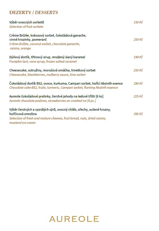 Menu at Aureole Fusion Restaurant and Lounge, Prague