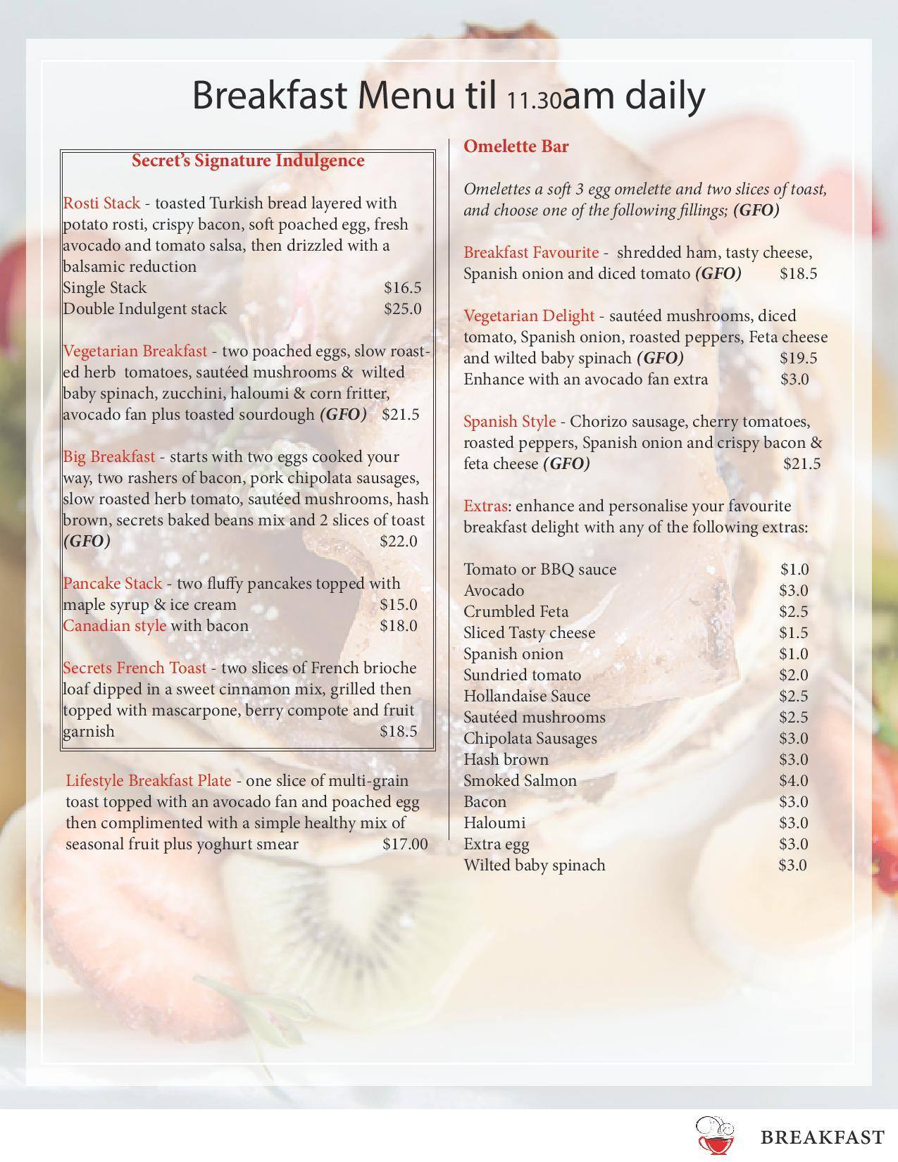 Menu at The Secret Cafe, Charmhaven