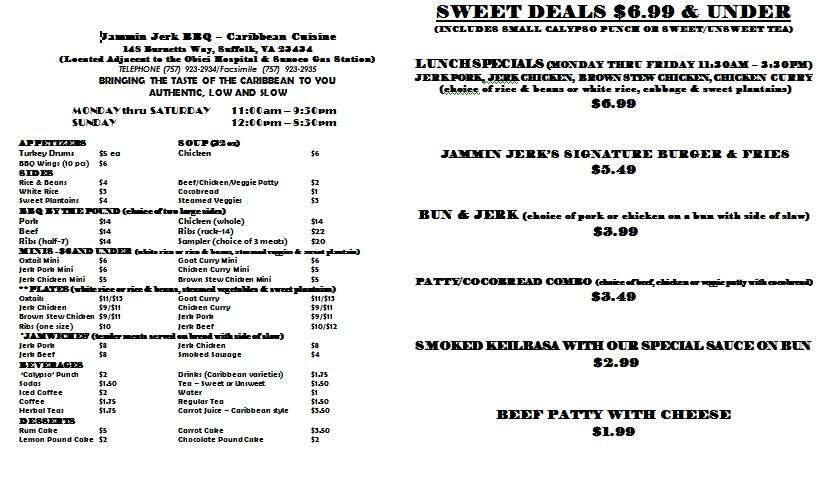 Jammin Jerk BBQ Menu, Menu for Jammin Jerk BBQ, Suffolk, Hampton Roads