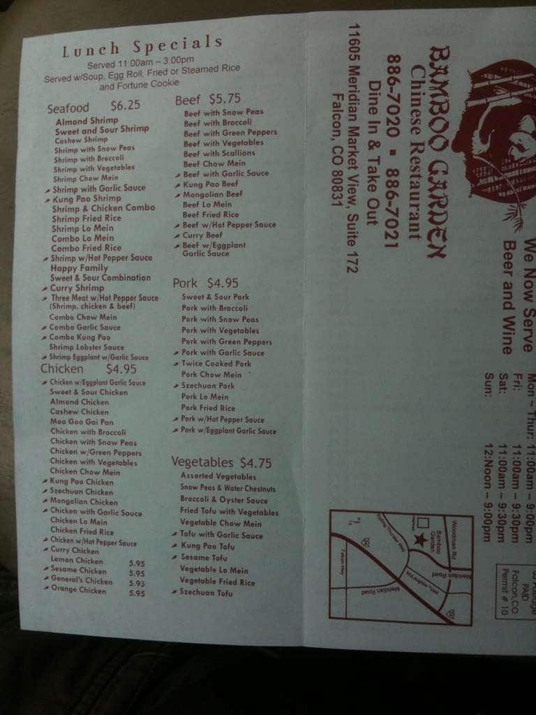 Bamboo Garden Menu, Menu for Bamboo Garden, Falcon, Colorado Springs