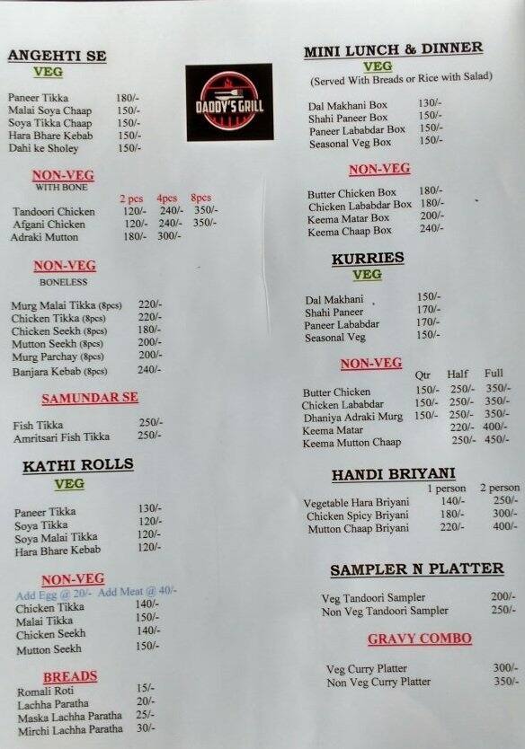 Daddy's Grill Menu, Menu de Daddy's Grill, Sector 29, Gurgaon Zomato