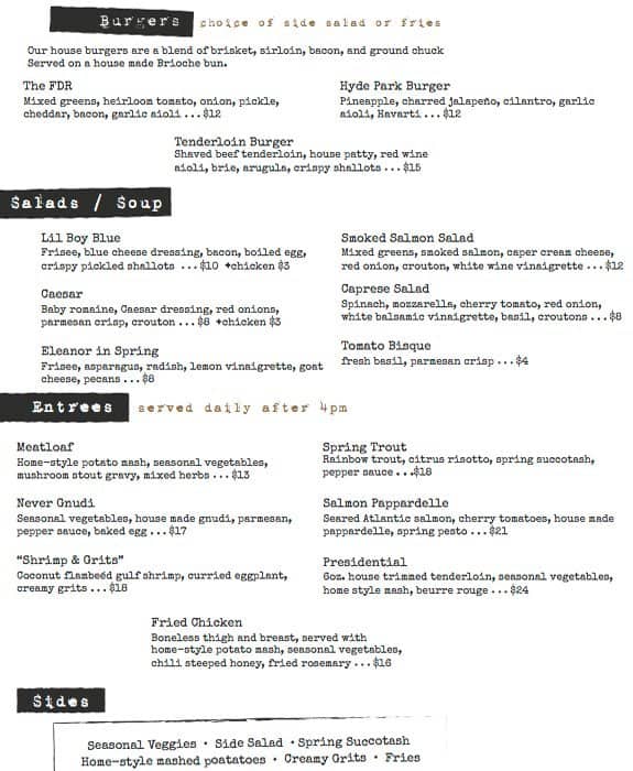 Menu at Roosevelt's pub & bar, Tulsa