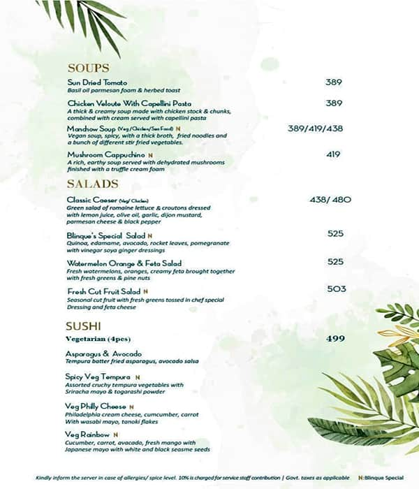 Menu Of Blinque, Rajouri Garden, New Delhi