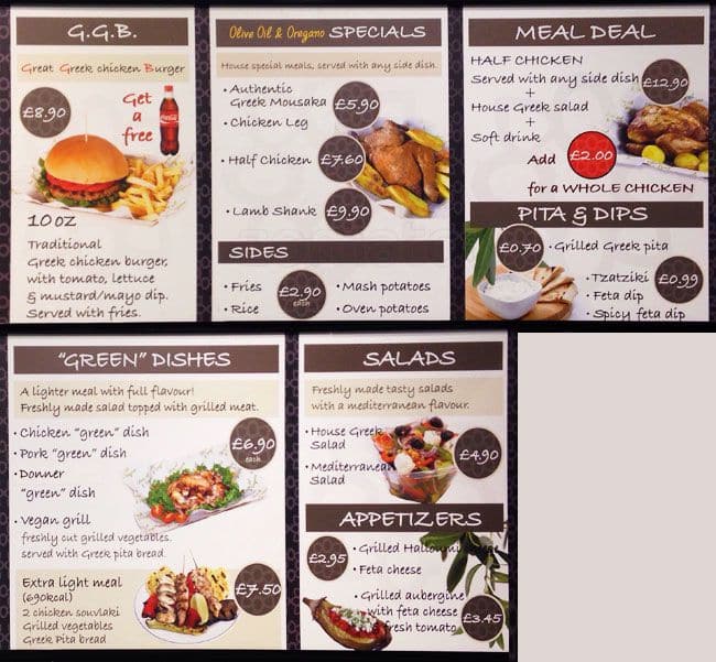 Menu at Olive Oil & Oregano restaurant, London, Lower Ground Floor