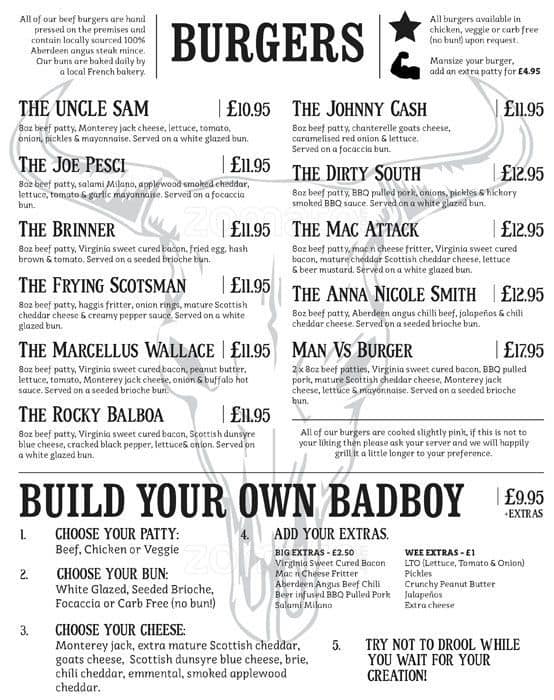 Burgers & Beers Grillhouse a Edinburgh Foto del Menu con Prezzi