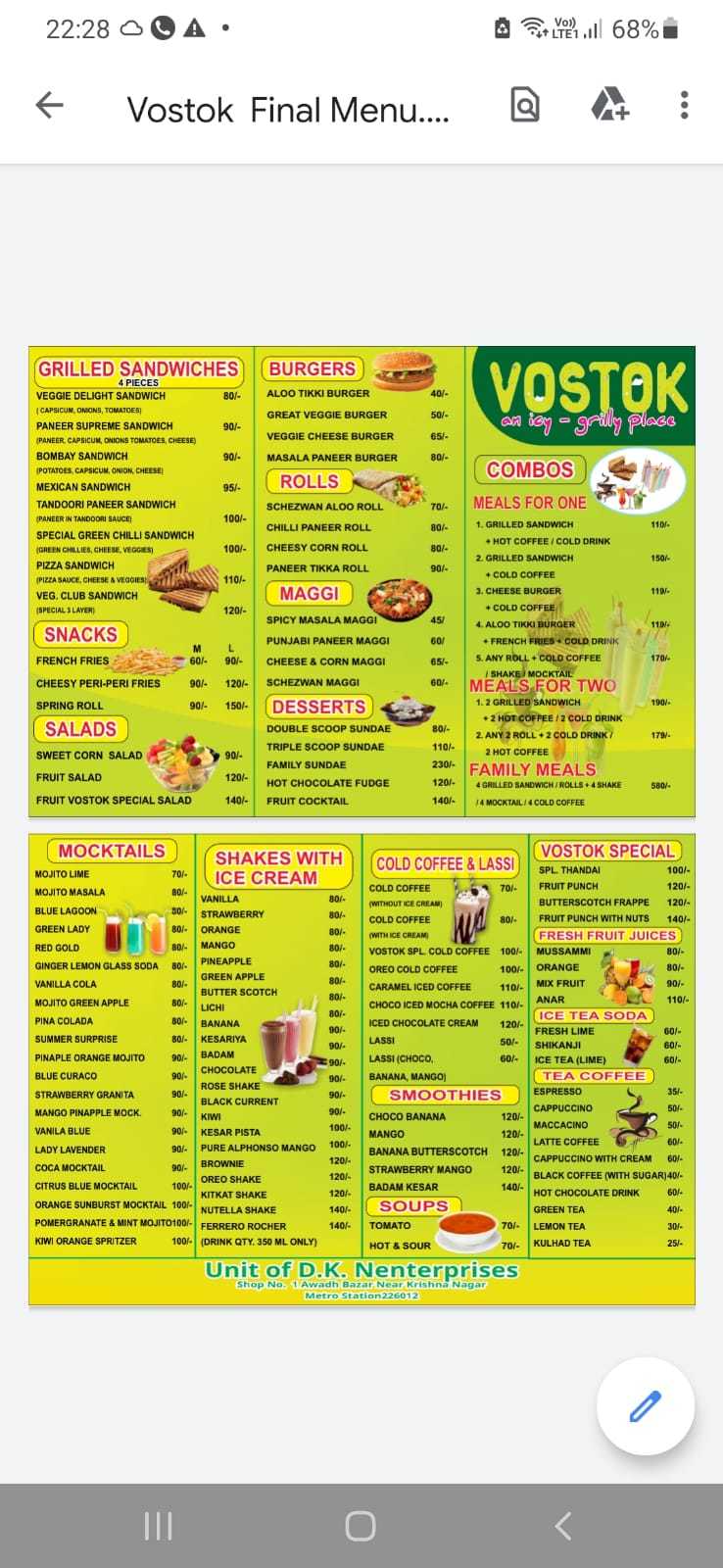 Vostok (An Icy --Grilly Place ) menu