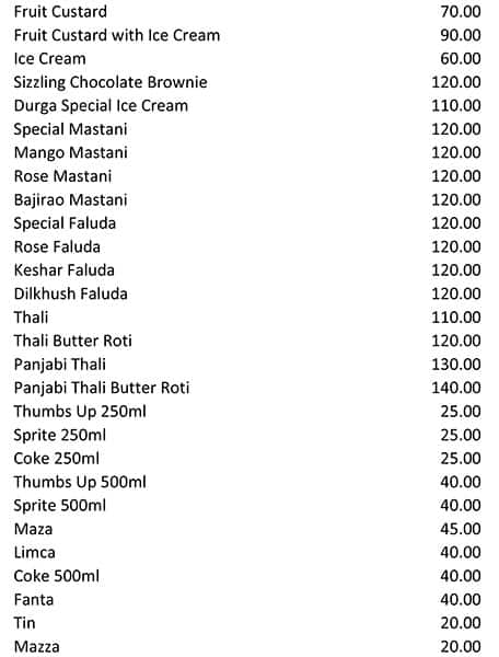 Durga Restaurant menu