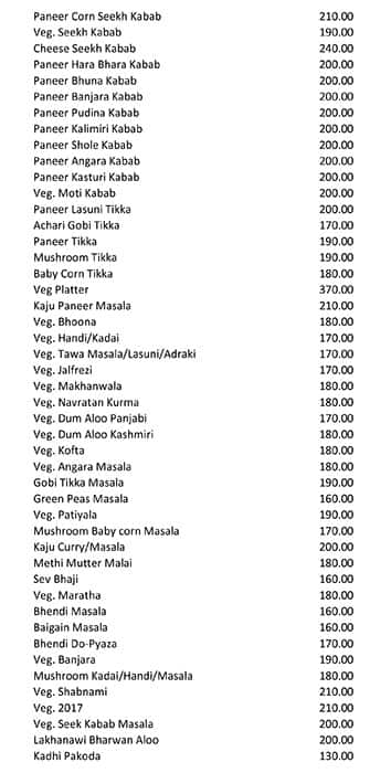 Durga Restaurant menu