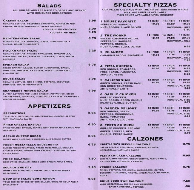 Cristiano's Pizza Menu, Menu for Cristiano's Pizza, Marysville