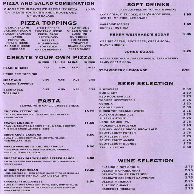 Menu at Cristiano's Pizza Etc pizzeria, Marysville