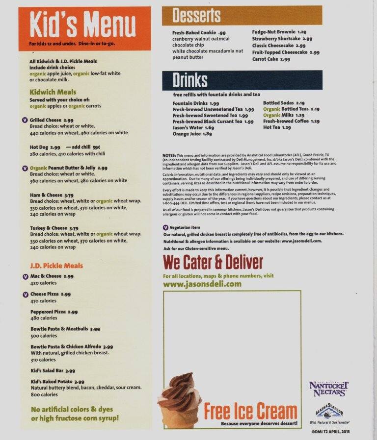 Printable Jason's Deli Menu