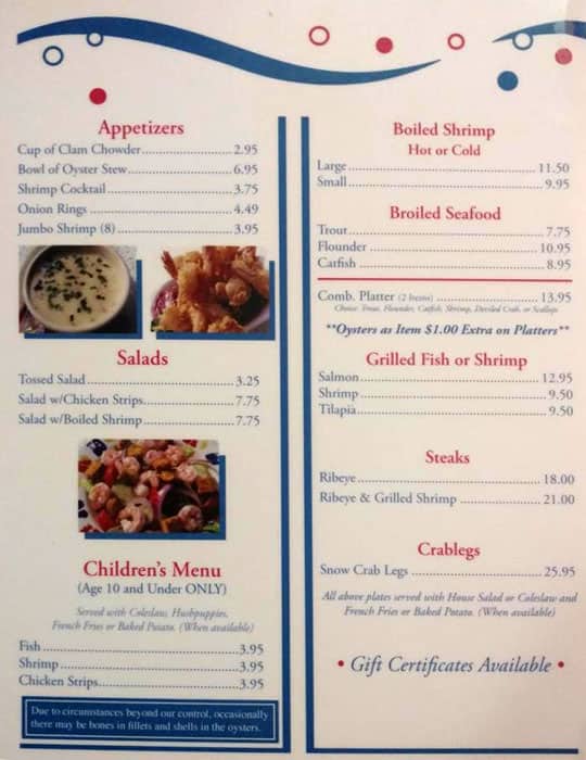 Menu at Hudson Bay Seafood restaurant, Fayetteville