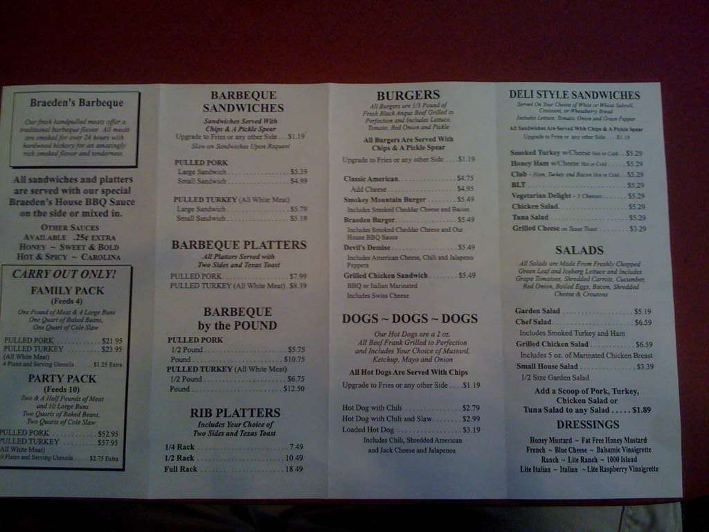 Braeden's Barbeque Menu, Menu for Braeden's Barbeque, Kingsport