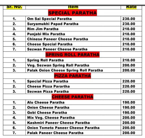 Menu Surati Menu of Om Sai Paratha, Piplod, Surat