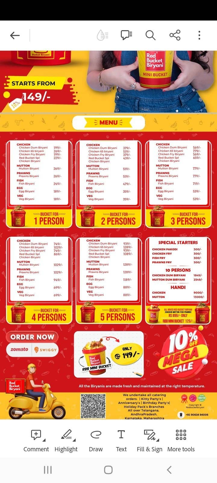 Menu of Red Bucket Biryani, Triplicane, Chennai