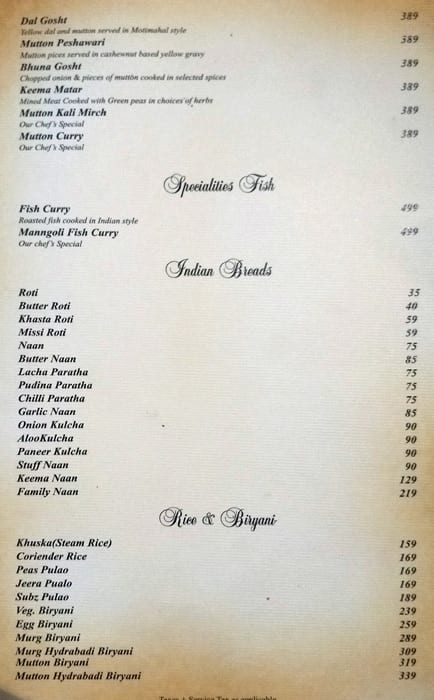 Moti Mahal menu