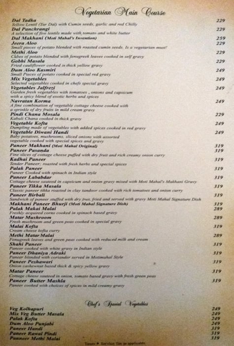 Moti Mahal menu