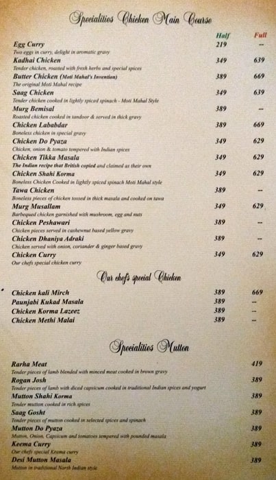 Moti Mahal menu