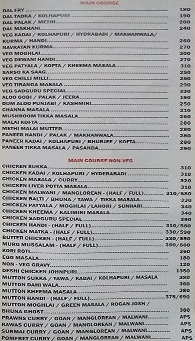 Sadguru Bar And Restaurants menu