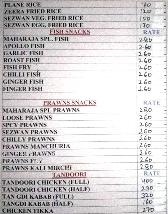 Menu at Maharaja Restaurant and Bar, Hyderabad, CFRP+QWM