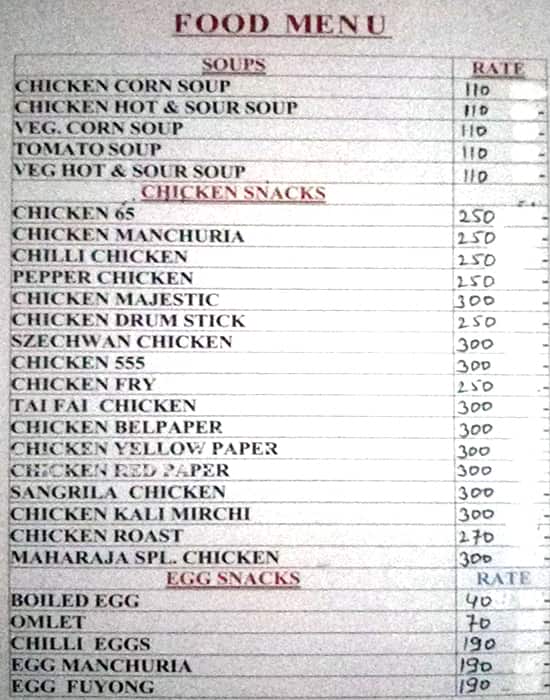 Menu at Maharaja Restaurant and Bar, Hyderabad, CFRP+QWM