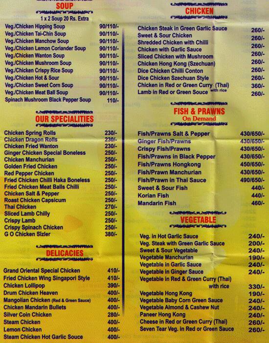Grand Oriental menu