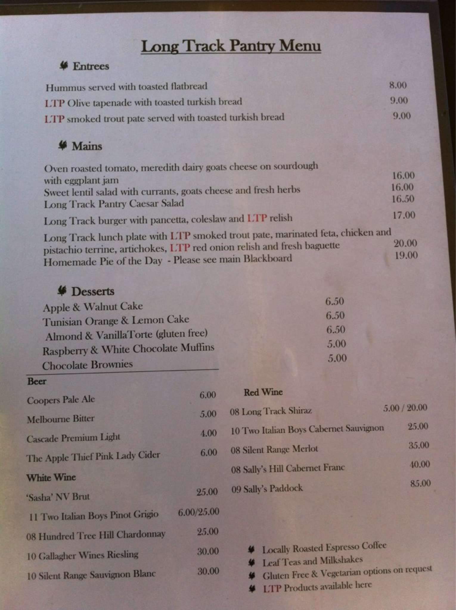 Menu at Long Track Pantry cafe, Jugiong