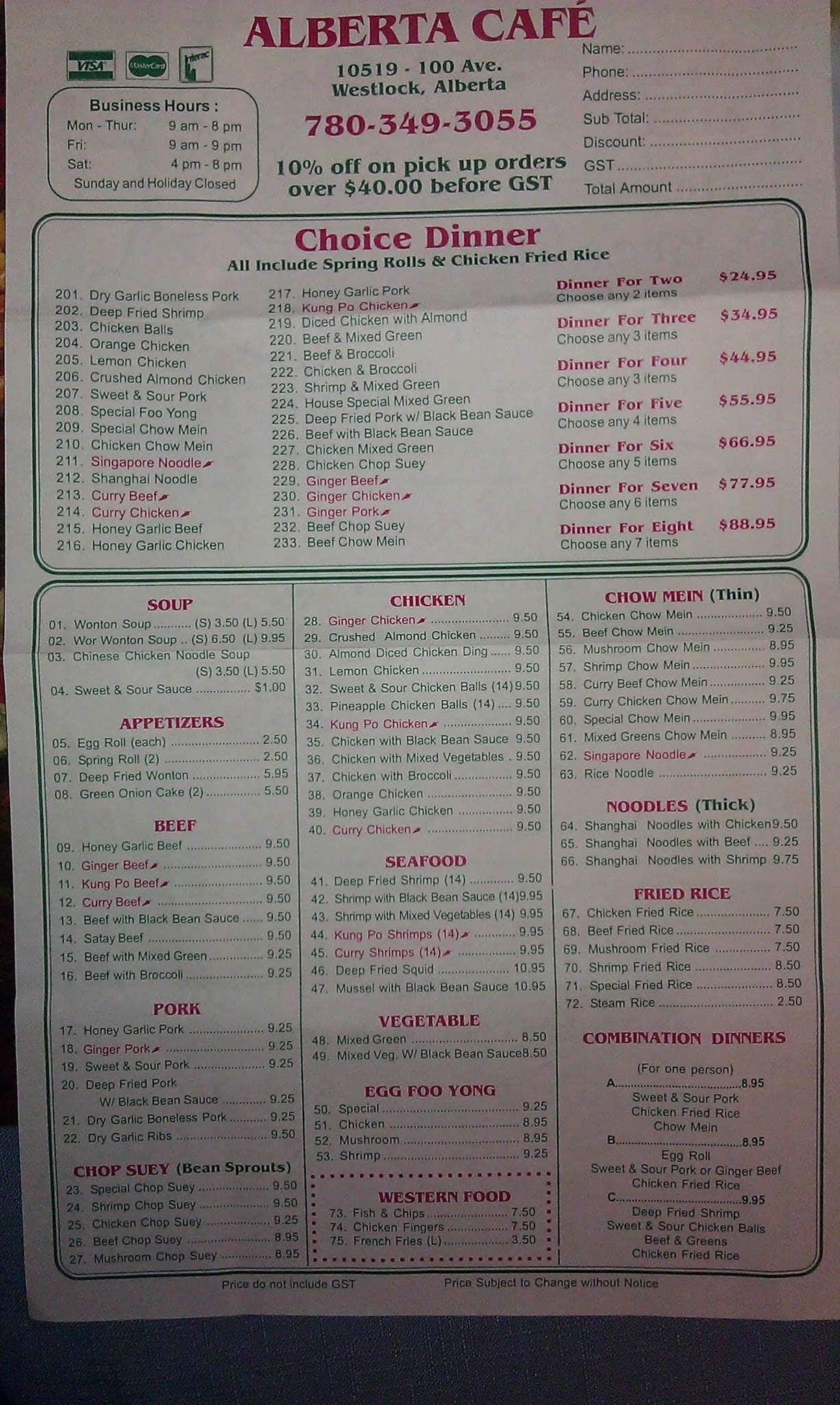 Menu at Alberta Cafe, Westlock