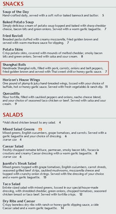 Menu de Horizons Restaurant