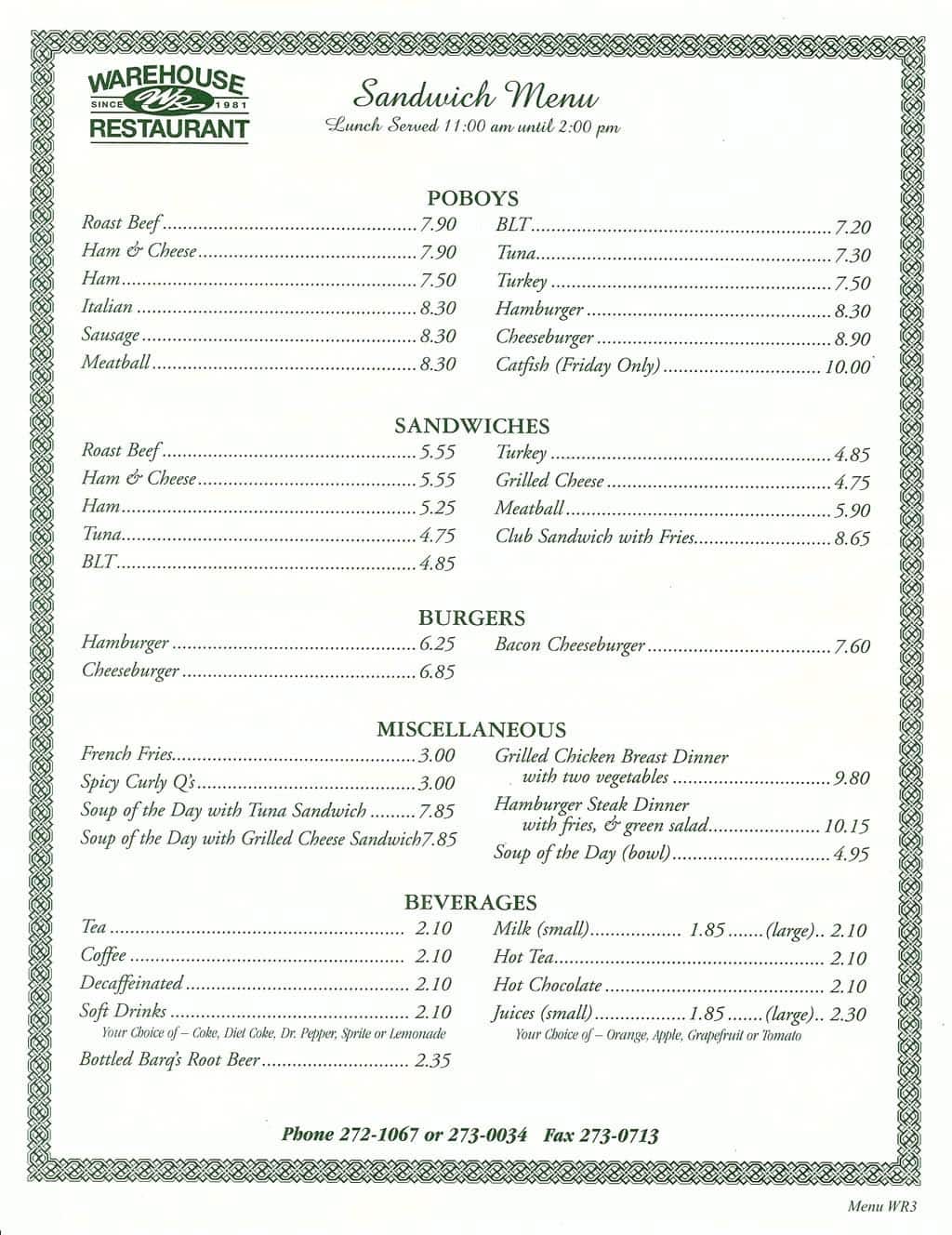 Menu at Warehouse Restaurant, Baton Rouge