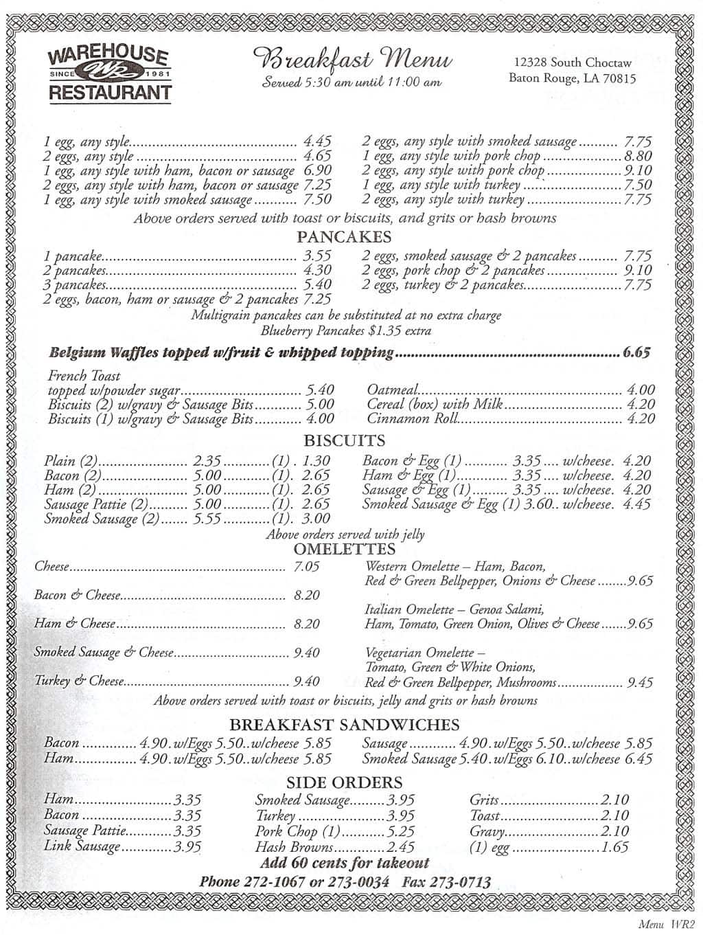 Menu at Warehouse Restaurant, Baton Rouge