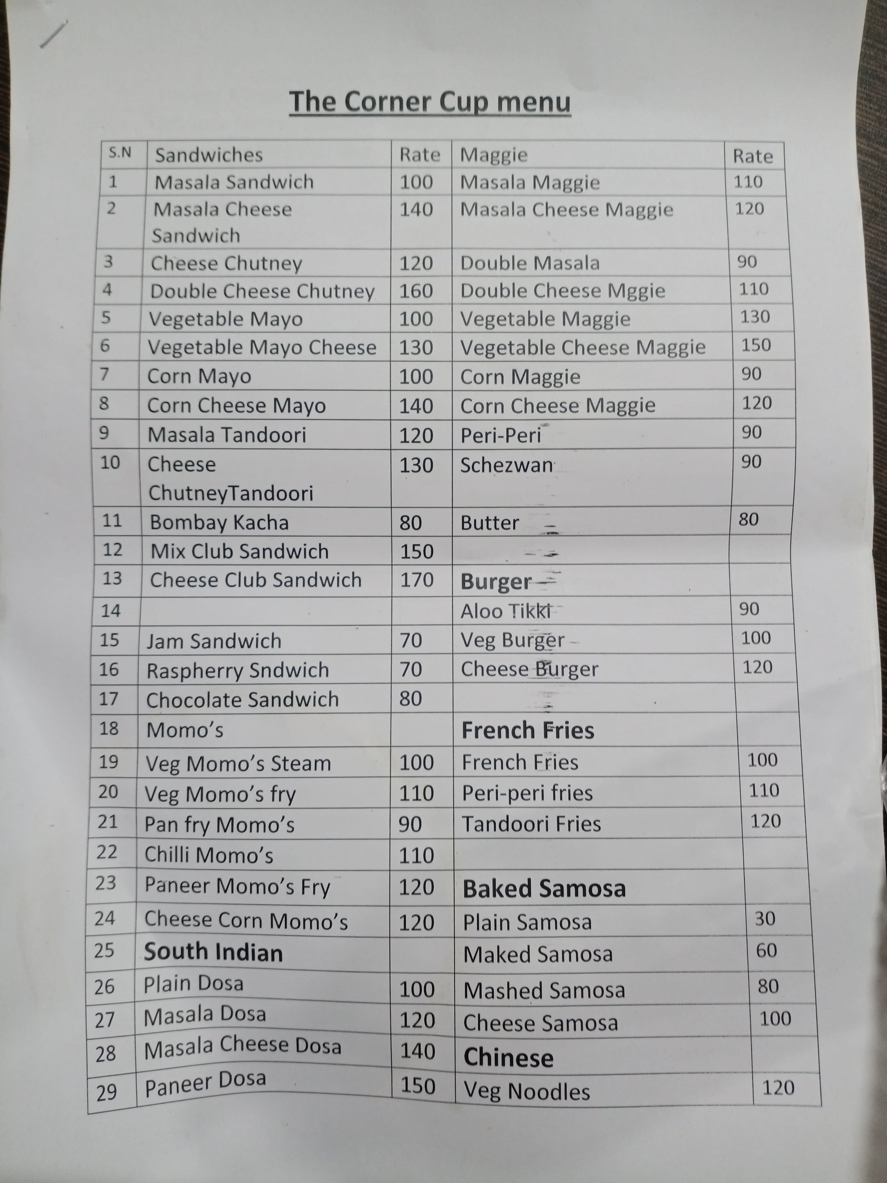 Menu at The corner cup cafe, Indore