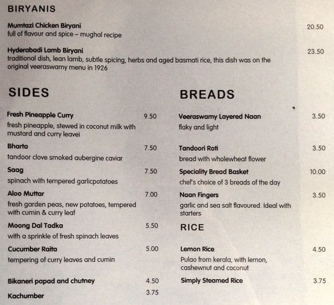 Veeraswamy Menu