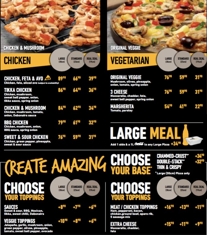 Speisekarte Von Debonairs Pizza, Durban, Bluff Hillside Mall