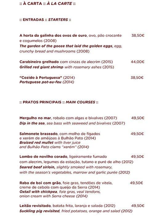 Menu at Belcanto restaurant, Lisbon, R. Serpa Pinto 10A