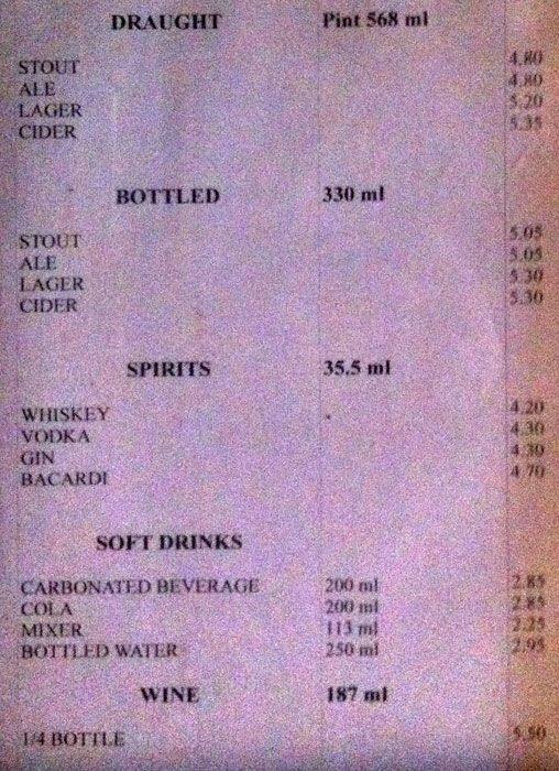 Menu at The Carpenter pub & bar, Dublin