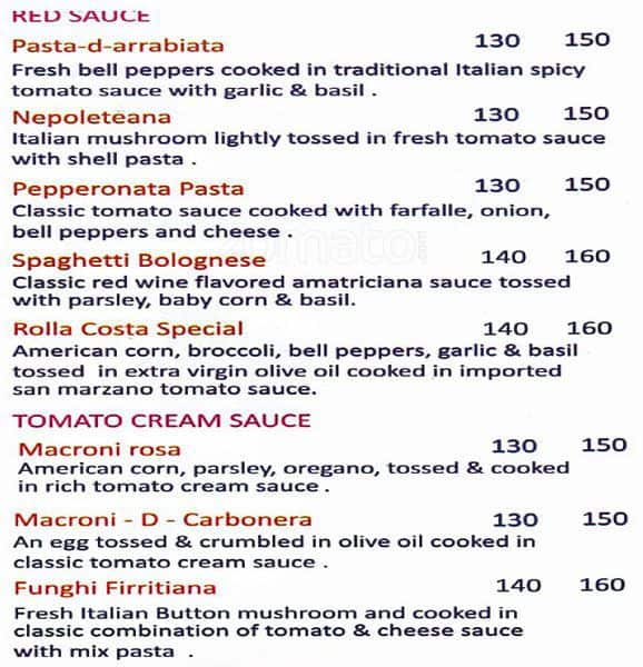 Cafe Rolla Costa menu