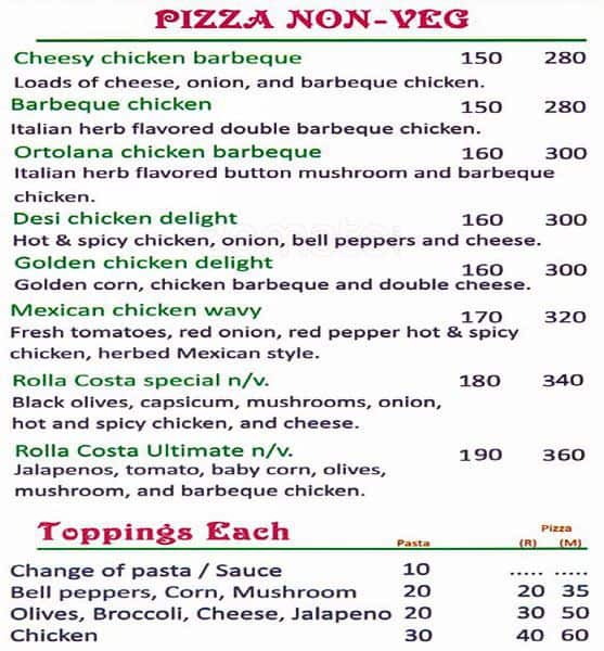 Cafe Rolla Costa menu